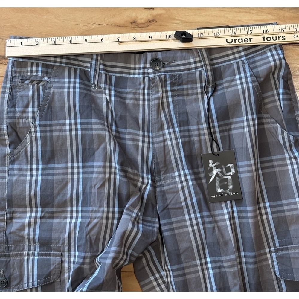 Age of Wisdom Mens Size 34 Grey Blue‎ Plaid Cotton Cargo Shorts Preppy NWT - Picture 7 of 8